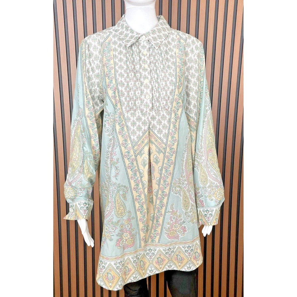 Soft Surroundings Tabitha Women's Blouse Tunic Top L Green Paisley Floral Button